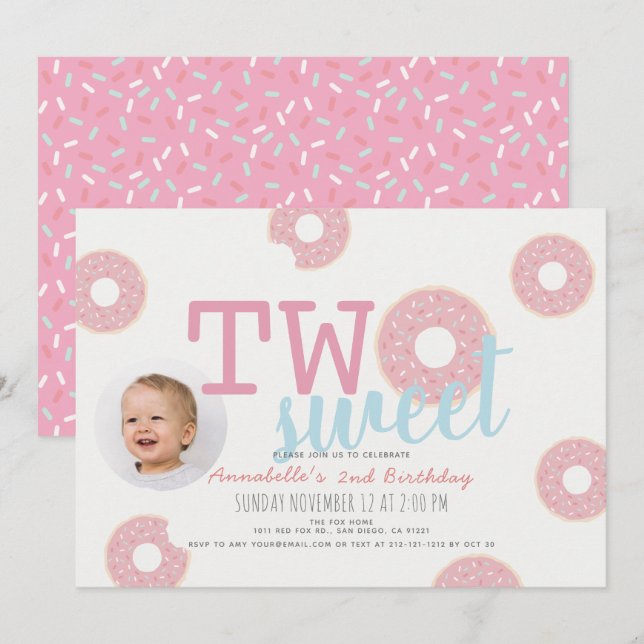 Pink Donut Two Sweet Girl Photo 2nd Birthday Invitation (Front/Back)