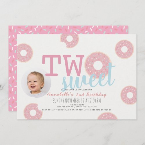 Pink Donut Two Sweet Girl Photo 2nd Birthday Invitation