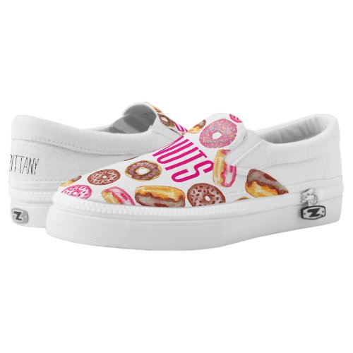 Pink Donut Typography and Watercolor Cute Donuts Slip-On Sneakers