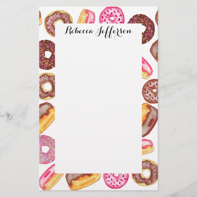 Pink Donut Typography and Watercolor Cute Donuts Stationery (Front)
