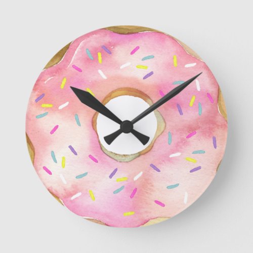 Pink Donut Watercolor Doughnut Cute Sprinkles Round Clock
