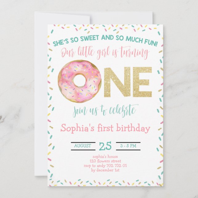 Pink Donut Watercolor Girl 1st Birthday Invitation (Front)