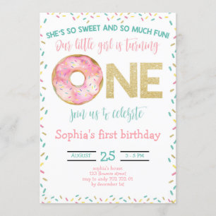 Pink Donut Watercolor Girl 1st Birthday Invitation