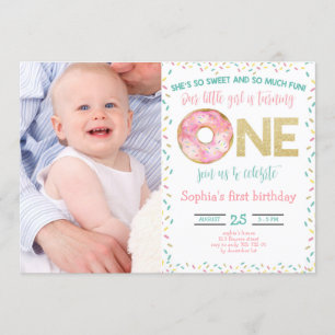 Pink Donut Watercolor Girl 1st Birthday with Photo Invitation