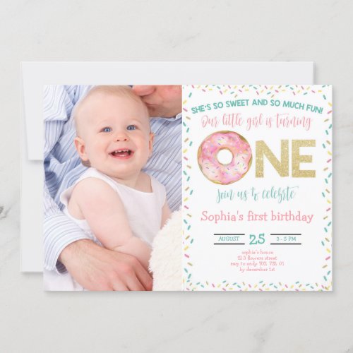 Pink Donut Watercolor Girl 1st Birthday with Photo Invitation