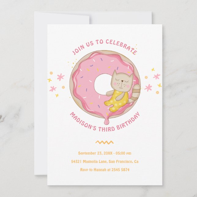 Pink Donut With Cat Birthday Invitation (Front)