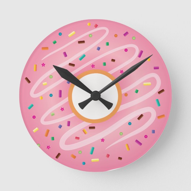 Pink Donut with Rainbow Sprinkles Round Clock (Front)