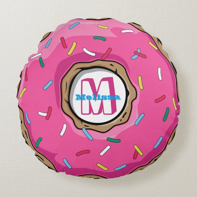 Pink Donut with Sprinkles Monogrammed Round Pillow (Front)