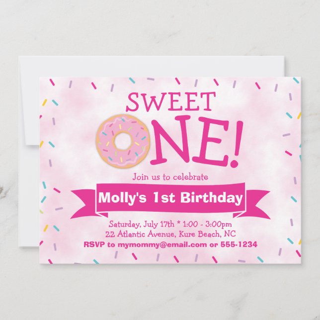 Pink Donut with Sprinkles Party Girl 1st Birthday Invitation (Front)
