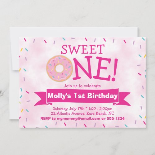 Pink Donut with Sprinkles Party Girl 1st Birthday Invitation