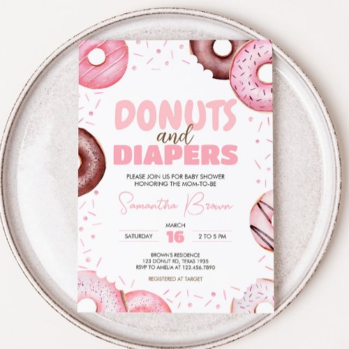 Pink Donuts and Diapers Baby Shower Invitation
