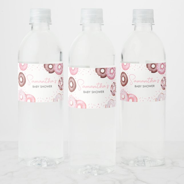 Pink Donuts and Diapers Baby Shower Water Bottle Label (Bottles)