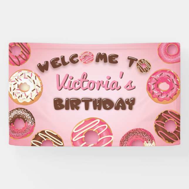 Pink Donuts Birthday Welcome Party Sign Banner (Horizontal)