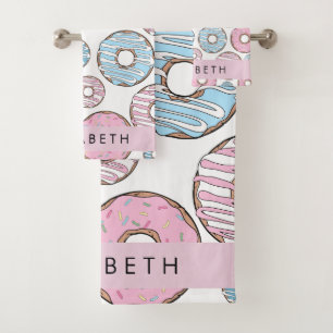 Pink Donuts, Blue Donuts, Sprinkles, Your Name Bath Towel Set