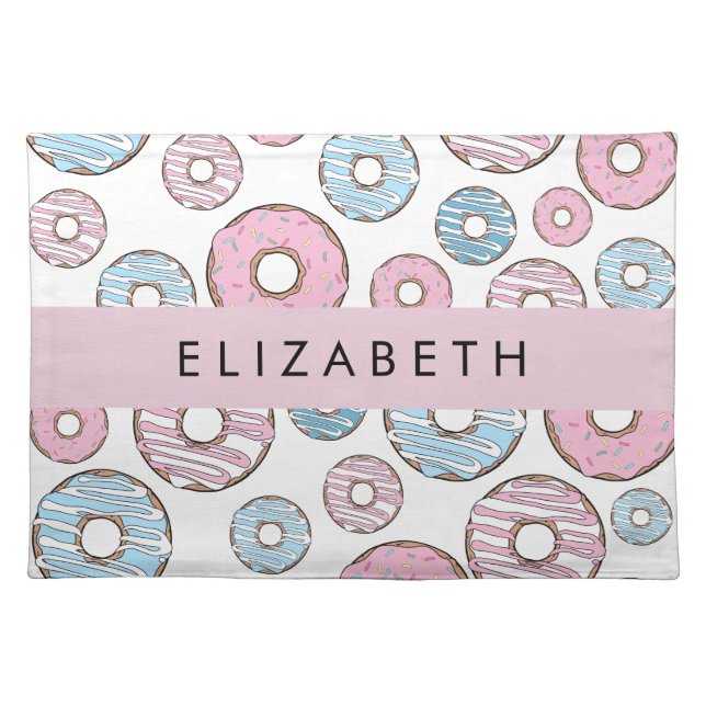 Pink Donuts, Blue Donuts, Sprinkles, Your Name Cloth Placemat (Front)