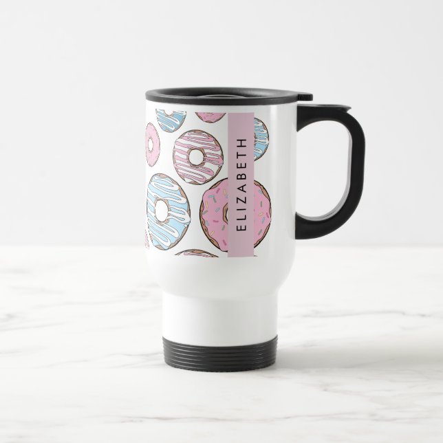 Pink Donuts, Blue Donuts, Sprinkles, Your Name Travel Mug (Right)