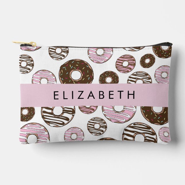 Pink Donuts, Brown Donuts, Sprinkles, Your Name Accessory Pouch (Front)