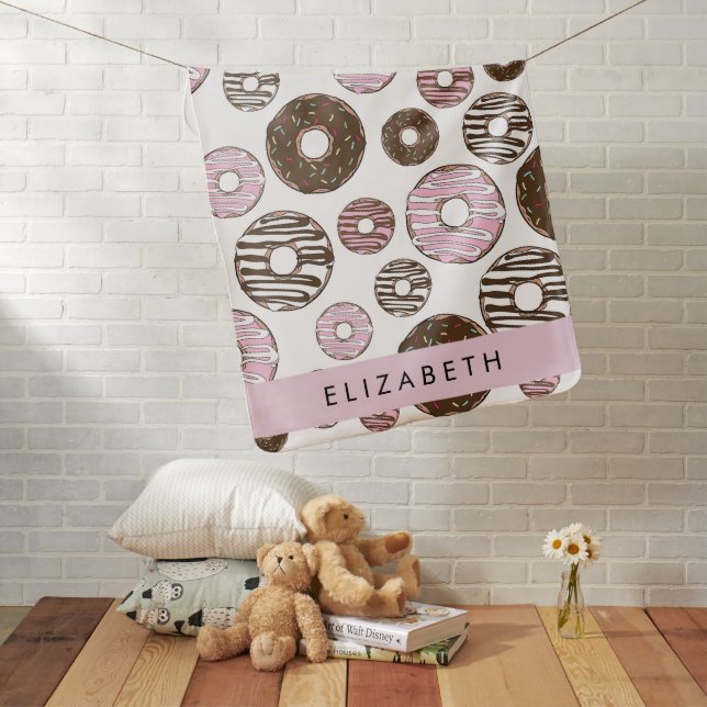 Pink Donuts, Brown Donuts, Sprinkles, Your Name Baby Blanket (In Situ)