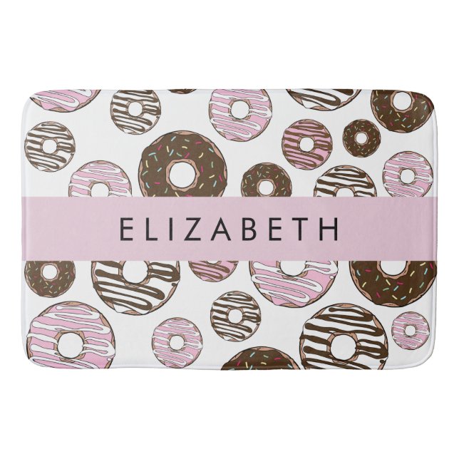Pink Donuts, Brown Donuts, Sprinkles, Your Name Bath Mat (Front)