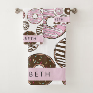 Pink Donuts, Brown Donuts, Sprinkles, Your Name Bath Towel Set