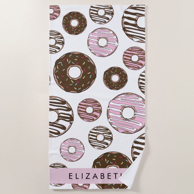 Pink Donuts, Brown Donuts, Sprinkles, Your Name Beach Towel (Front)