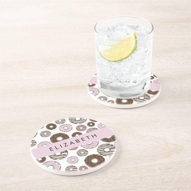 Pink Donuts, Brown Donuts, Sprinkles, Your Name Coaster (Side)