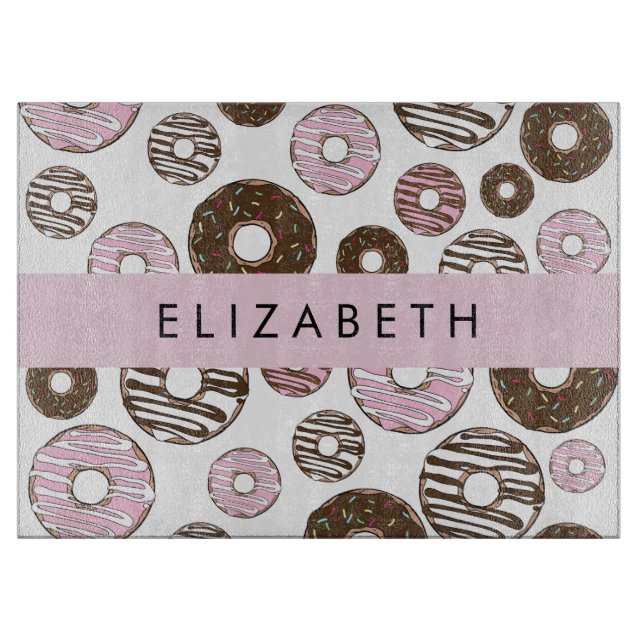 Pink Donuts, Brown Donuts, Sprinkles, Your Name Cutting Board (Front)