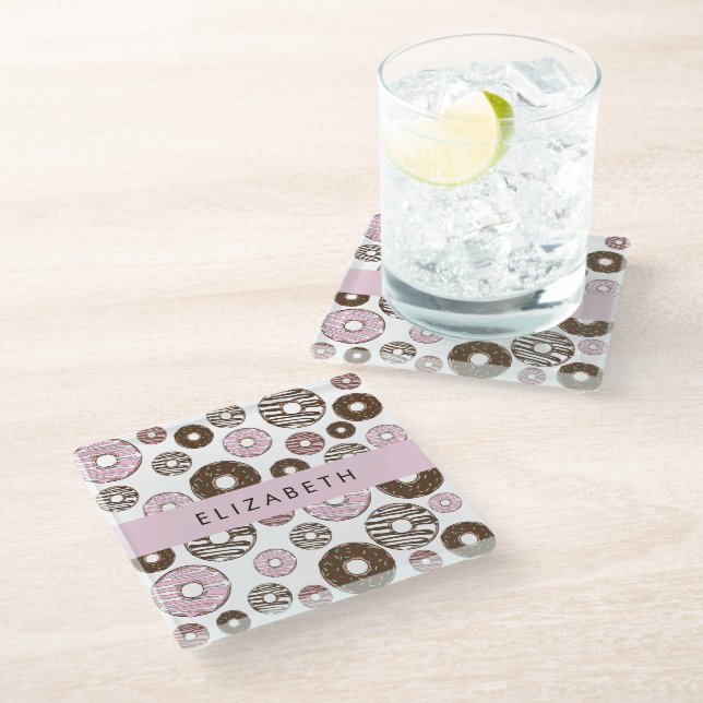Pink Donuts, Brown Donuts, Sprinkles, Your Name Glass Coaster (Angled)