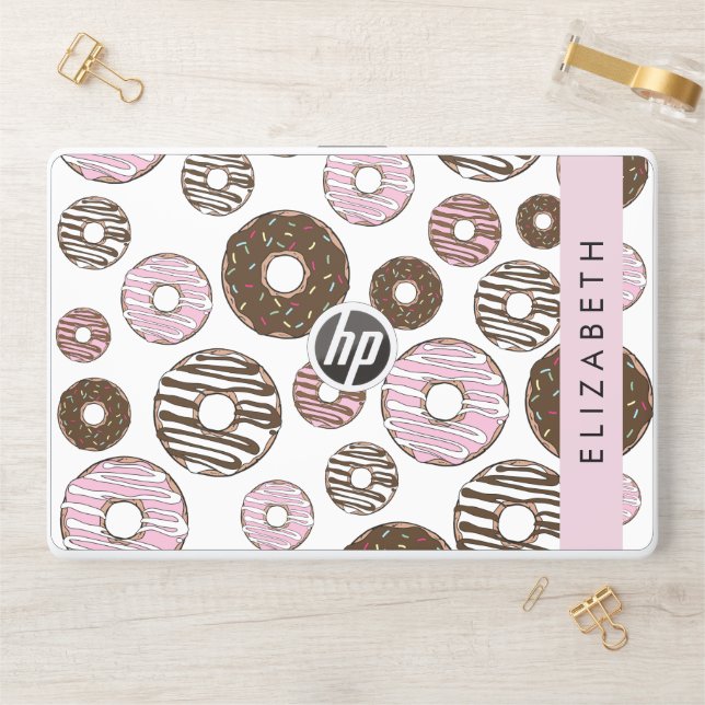 Pink Donuts, Brown Donuts, Sprinkles, Your Name HP Laptop Skin (Desk)