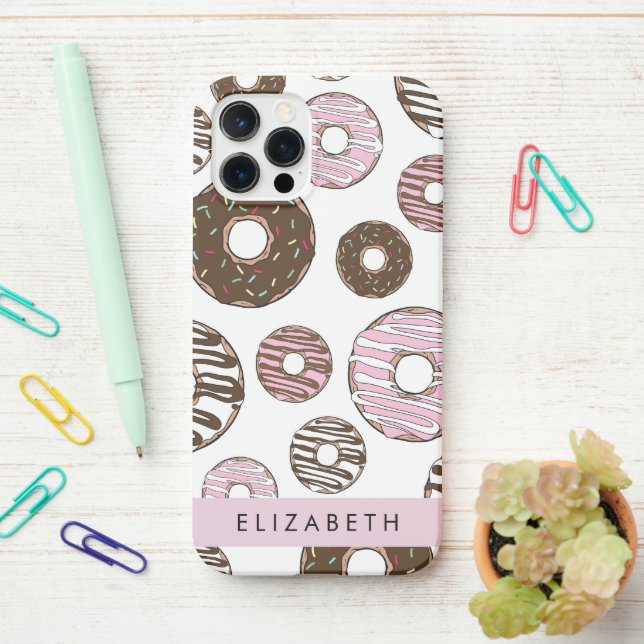 Pink Donuts, Brown Donuts, Sprinkles, Your Name iPhone Case (On Desk)
