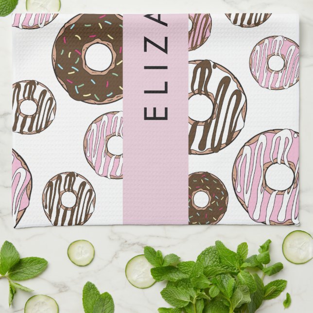 Pink Donuts, Brown Donuts, Sprinkles, Your Name Kitchen Towel (Folded)