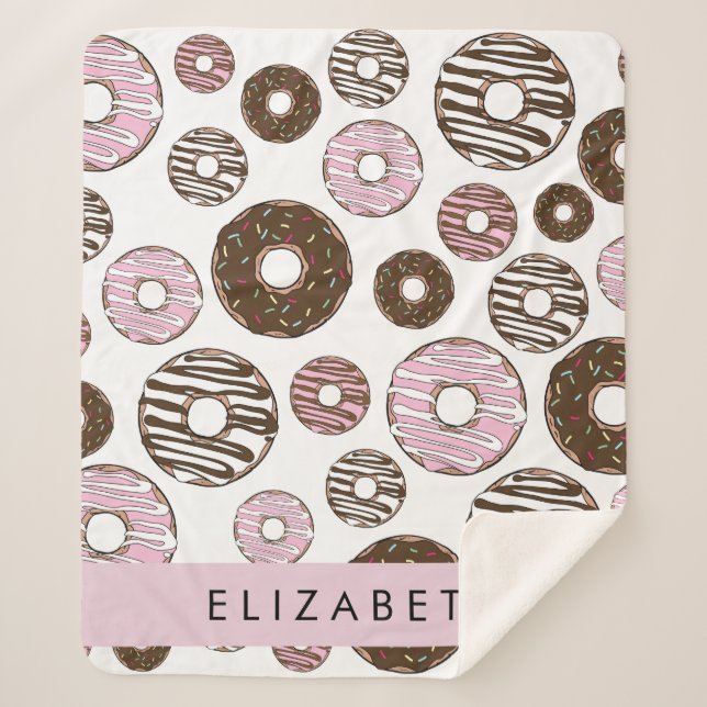 Pink Donuts, Brown Donuts, Sprinkles, Your Name Sherpa Blanket (Front)