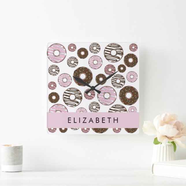 Pink Donuts, Brown Donuts, Sprinkles, Your Name Square Wall Clock (Home)