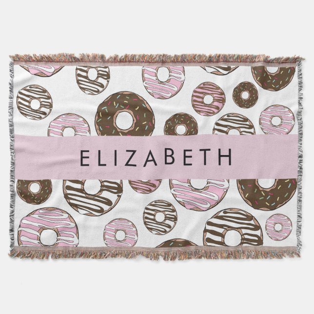 Pink Donuts, Brown Donuts, Sprinkles, Your Name Throw Blanket (Front)