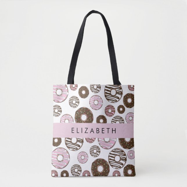 Pink Donuts, Brown Donuts, Sprinkles, Your Name Tote Bag (Front)