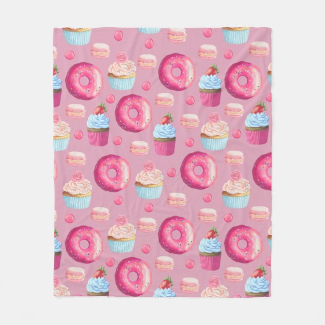 Pink Donuts, Cupcakes, and Candies Fleece Blanket (Front)