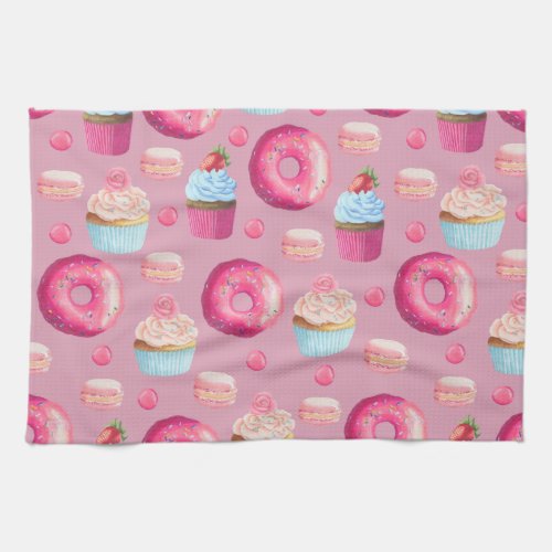 Pink Donuts Cupcakes and Candies Kitchen Towel