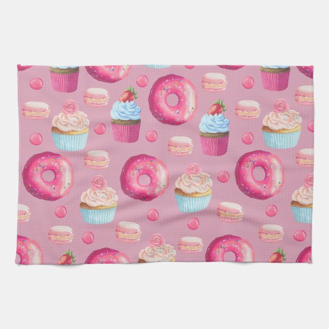 Pink Donuts, Cupcakes, and Candies Kitchen Towel (Horizontal)