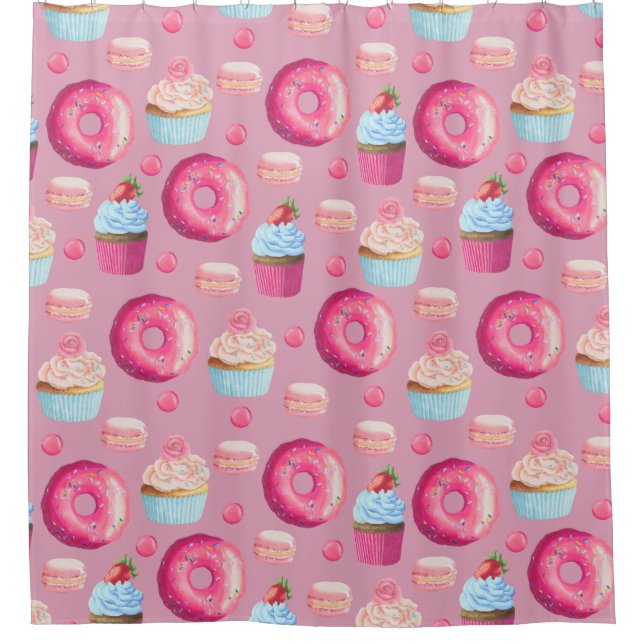 Pink Donuts, Cupcakes, and Candies Shower Curtain (Front)