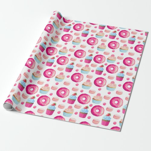 Pink Donuts Cupcakes Candy Birthday Wrapping Paper