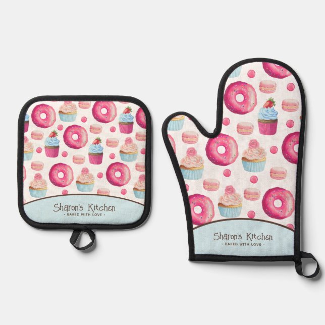 Pink Donuts Cupcakes Macarons Personalized  Oven Mitt & Pot Holder Set (Front)
