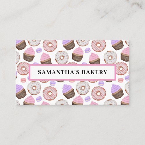 Pink Donuts Cupcakes Watercolor Bakery  Business Card