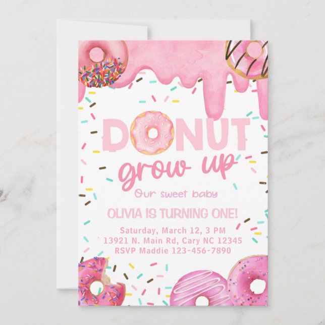 Pink donuts donut grow up gir invitation. invitation (Front)