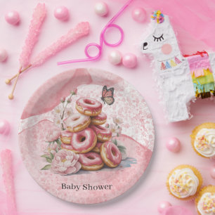 Pink Donuts & Floral Butterfly Girl Baby Shower Paper Plates
