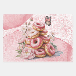Pink Donuts & Floral Butterfly Girl Baby Shower Wrapping Paper Sheets