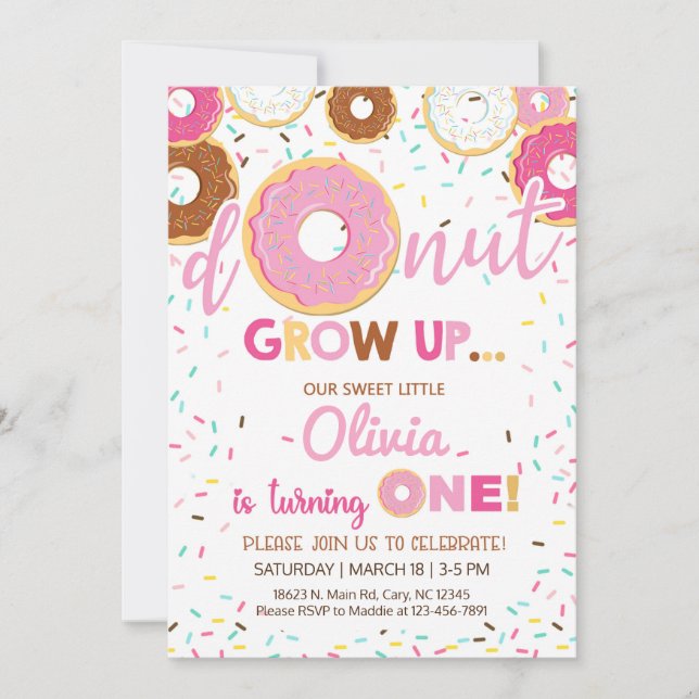 Pink donuts girl birthday invitation, invite. invitation (Front)