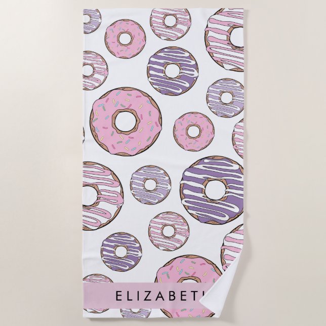 Pink Donuts, Purple Donuts, Sprinkles, Your Name Beach Towel (Front)