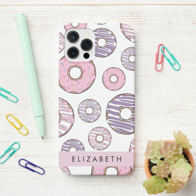 Pink Donuts, Purple Donuts, Sprinkles, Your Name iPhone Case (On Desk)