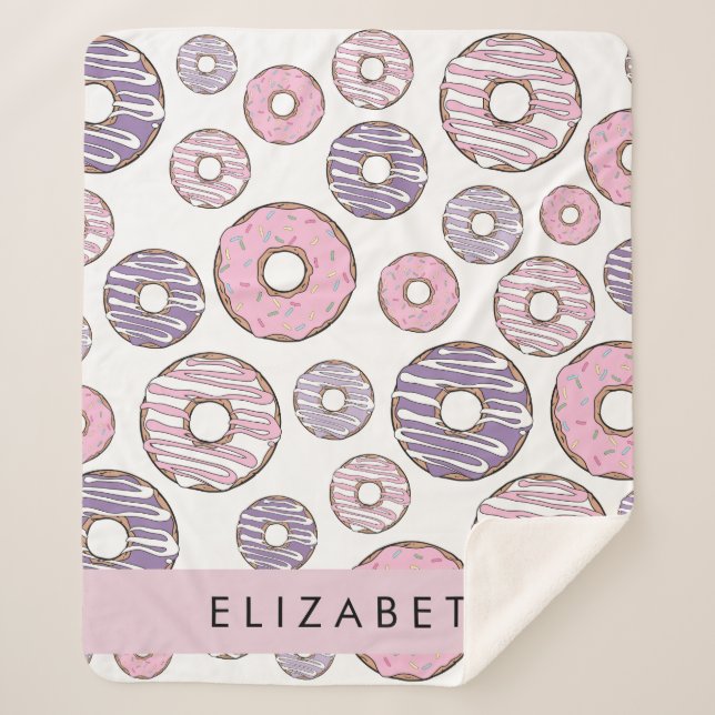 Pink Donuts, Purple Donuts, Sprinkles, Your Name Sherpa Blanket (Front)