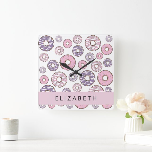 Pink Donuts, Purple Donuts, Sprinkles, Your Name Square Wall Clock (Home)